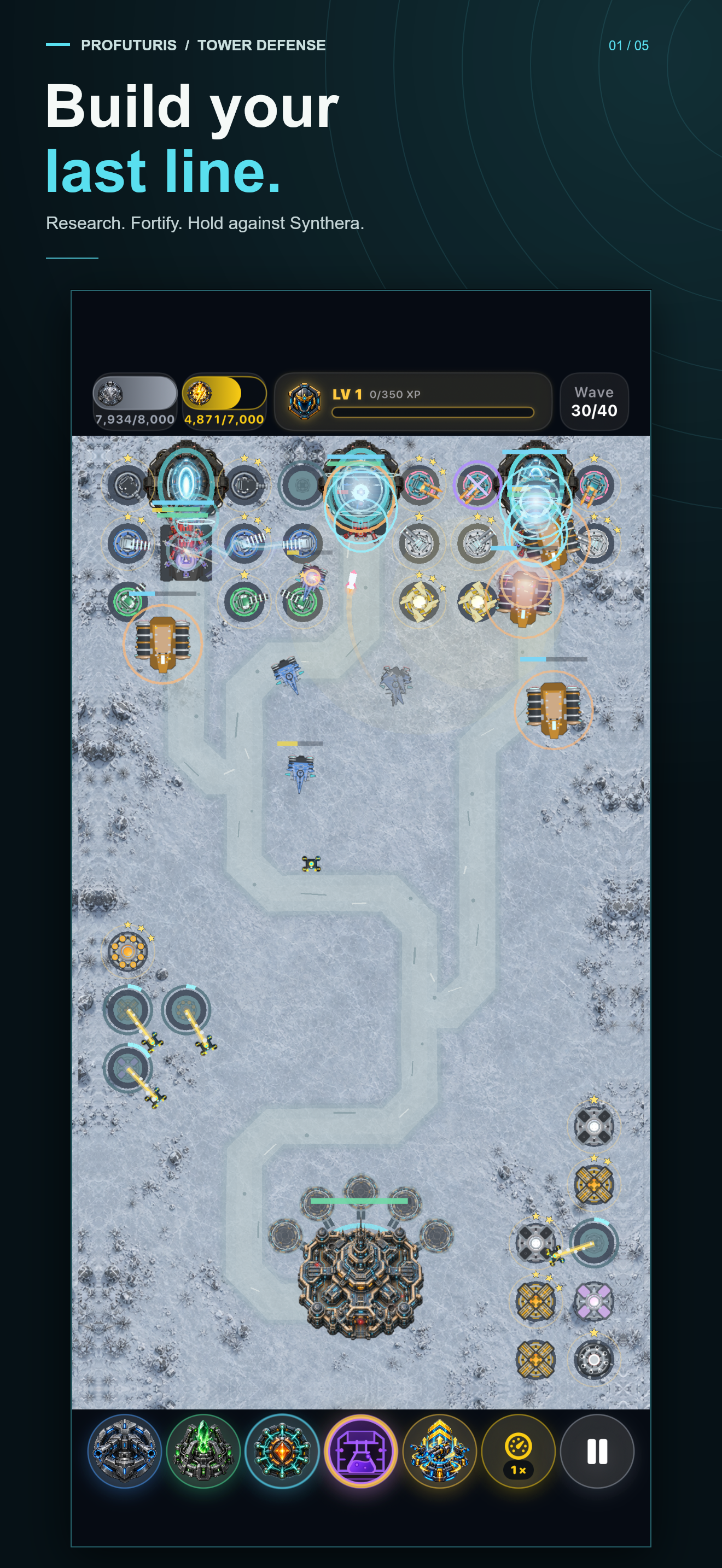 Native Profuturis Tower Defense gameplay screenshot showing an active defense