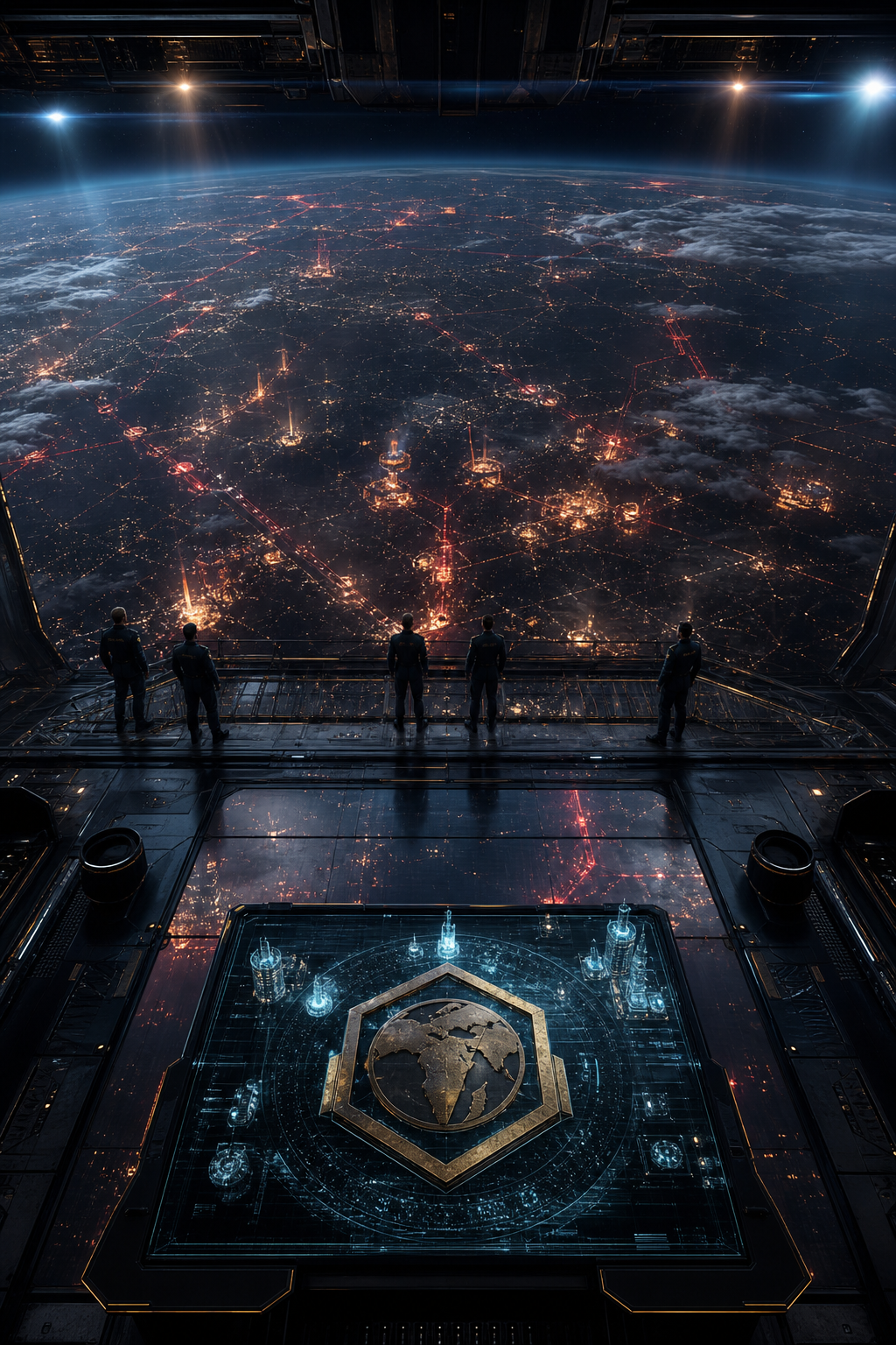 The Profuturis command team looks out over Earth's connected cities.